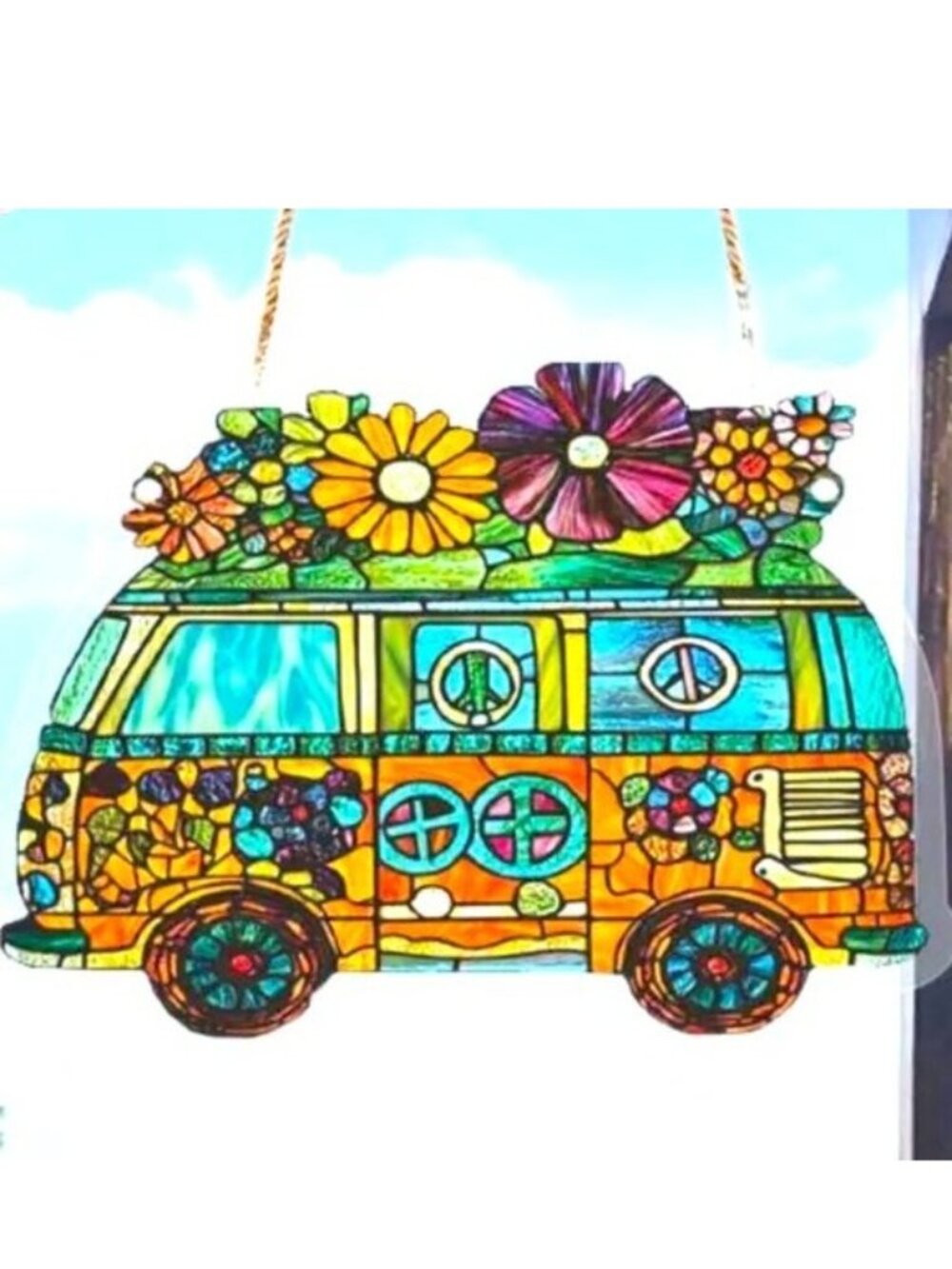 Suncatcher Hippie Van Peace Sign Flowers Hanging Window Colorful Decor in/out - Picture 2 of 5